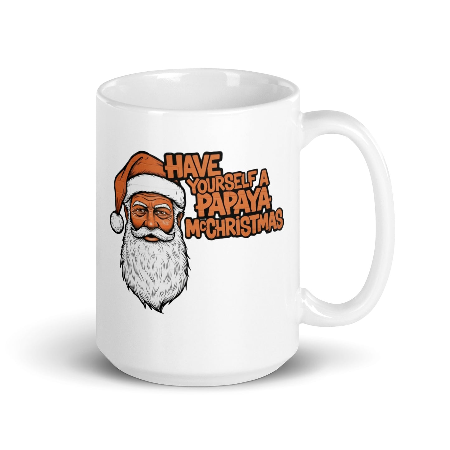 View of 15oz white mug with a papaya Christmas message and handle on right. Perfect for McLaren fans.