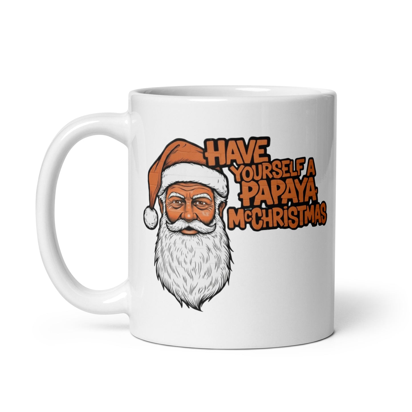 View of 11oz white mug with a papaya Christmas message and handle on left