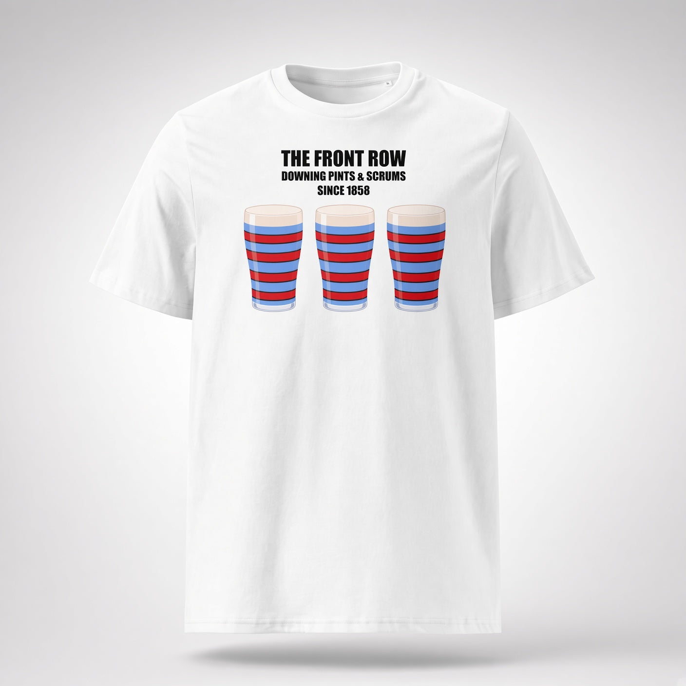 White vintage Blackheath rugby supporter t-shirt reading “The Front Row - Downing Pints & Scrums Since 1858” with three red and light blue striped pint graphics for match days