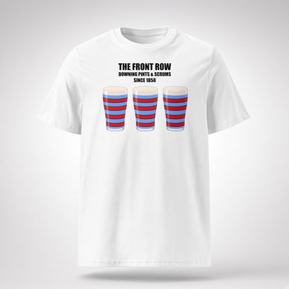 White vintage Blackheath rugby supporter t-shirt reading “The Front Row - Downing Pints & Scrums Since 1858” with three red and light blue striped pint graphics for match days