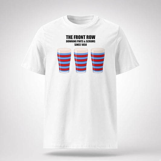 White vintage Blackheath rugby supporter t-shirt reading “The Front Row - Downing Pints & Scrums Since 1858” with three red and light blue striped pint graphics for match days