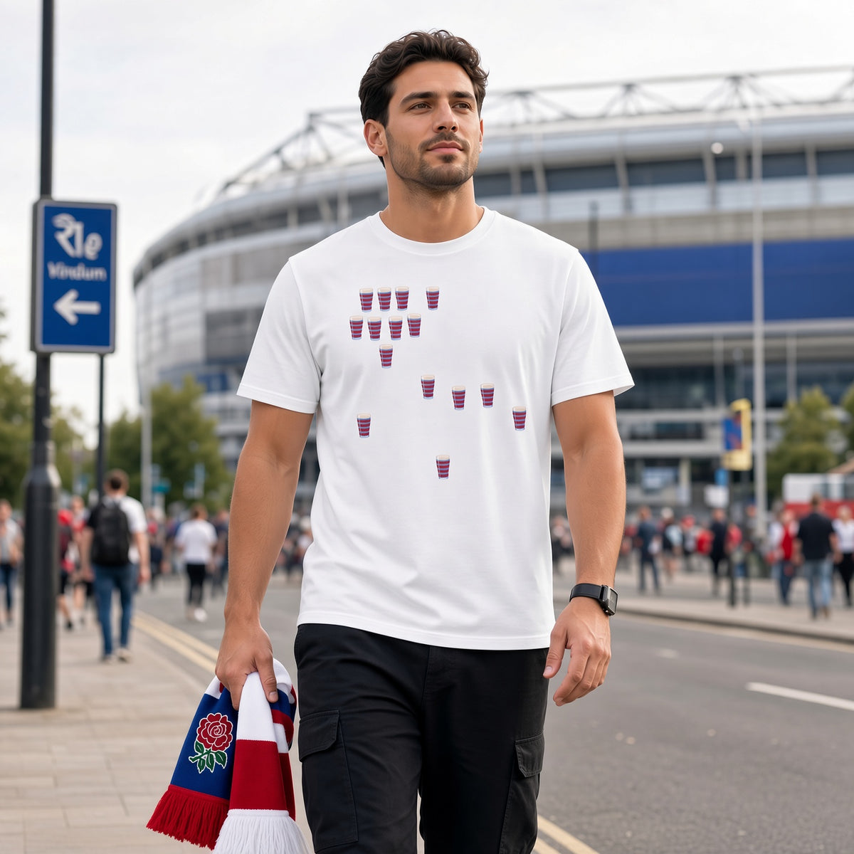 Male model wearing a white vintage Blackheath Team Pints rugby t-shirt with scattered red and light blue pint graphics, walking in a London match day crowd holding an England rugby scarf