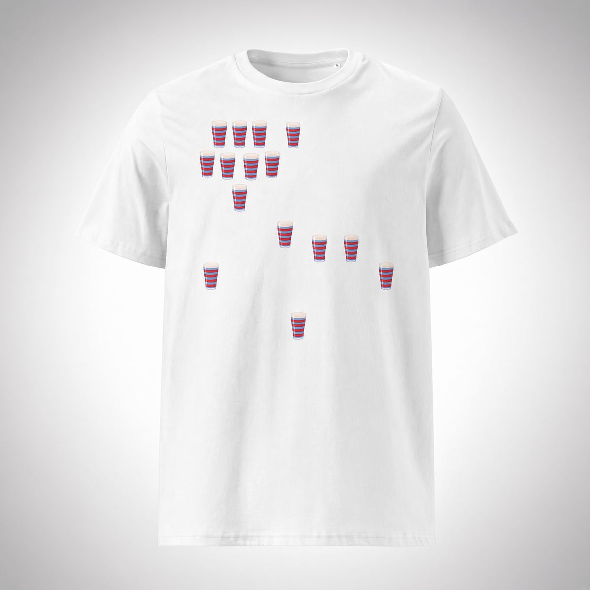 White vintage Blackheath Team Pints rugby t-shirt featuring multiple small red and light blue striped pint graphics scattered across the front for match day supporters in South East London