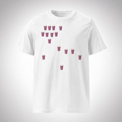White vintage Blackheath Team Pints rugby t-shirt featuring multiple small red and light blue striped pint graphics scattered across the front for match day supporters in South East London
