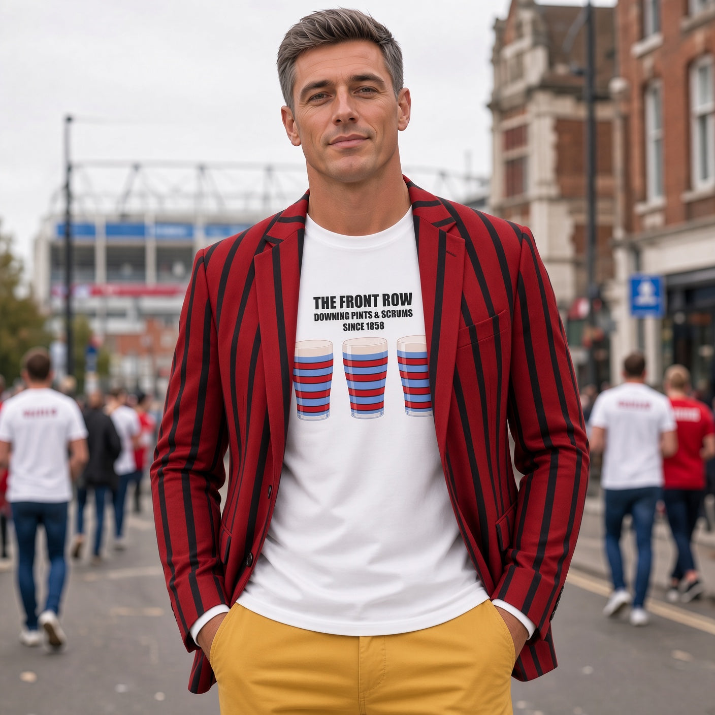 Man wearing a white vintage Blackheath rugby t-shirt reading “The Front Row - Downing Pints & Scrums Since 1858” with three red and light blue striped pint graphics, styled with a blazer for London match days