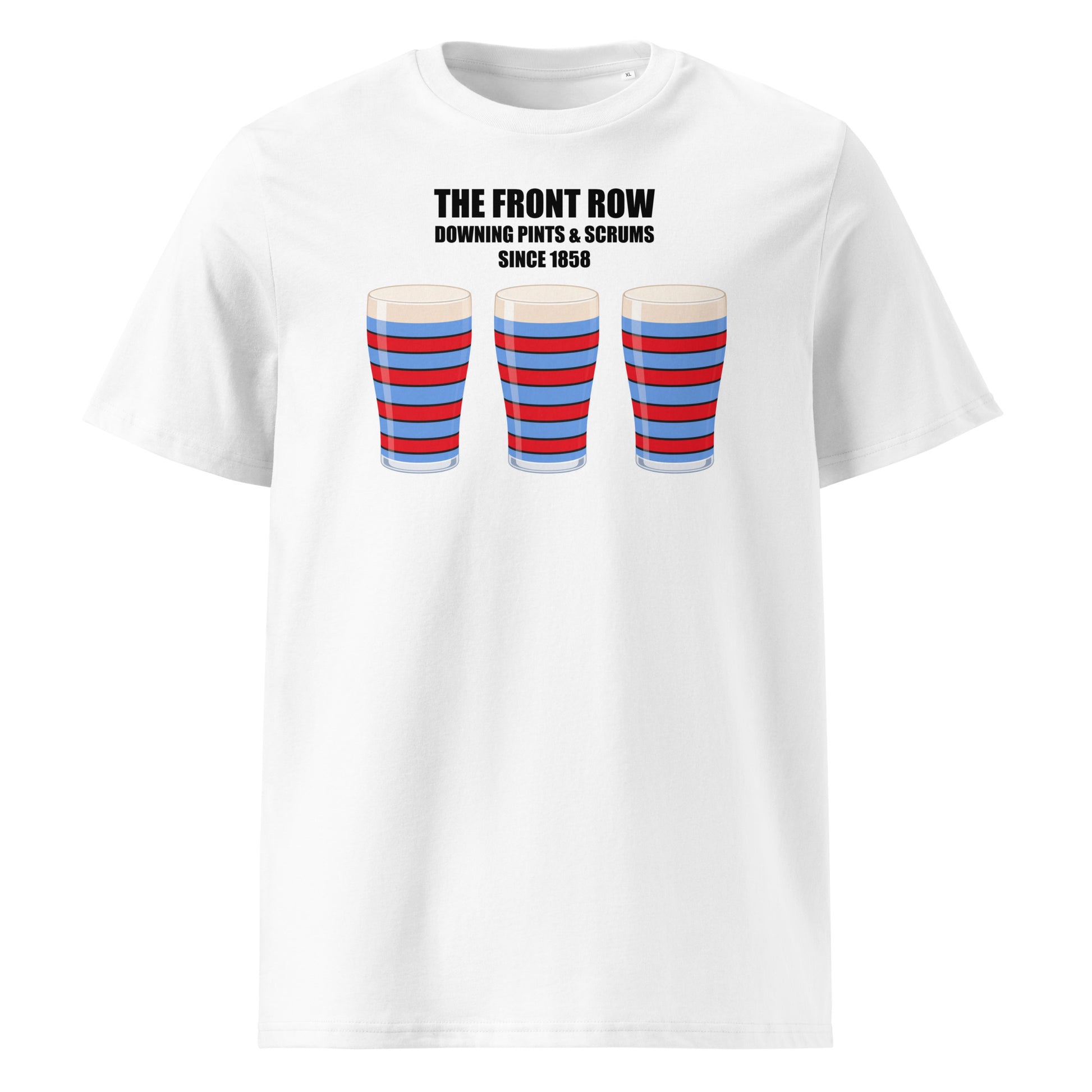 Front view of a white unisex organic cotton vintage Blackheath rugby t-shirt reading “The Front Row - Downing Pints & Scrums Since 1858” with three red and light blue striped pint graphics