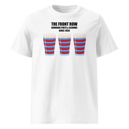 Front view of a white unisex organic cotton vintage Blackheath rugby t-shirt reading “The Front Row - Downing Pints & Scrums Since 1858” with three red and light blue striped pint graphics