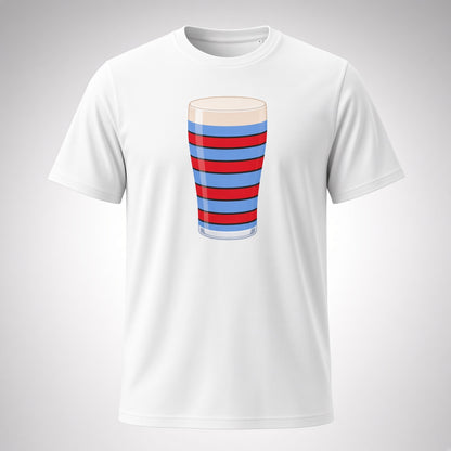 White vintage Blackheath rugby Mega Pint t-shirt featuring a red and light blue striped pint glass graphic for Blackheath supporters in South East London and England rugby fans