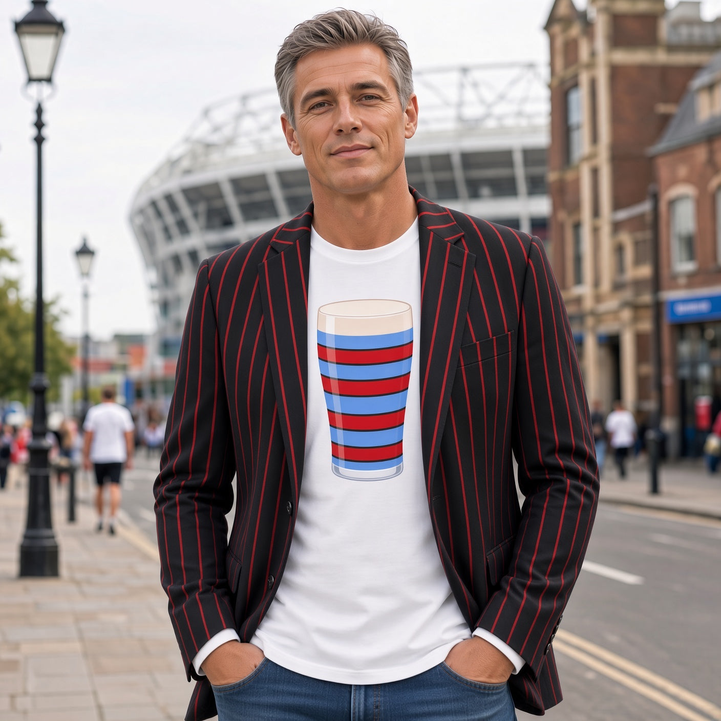 Man wearing a white vintage Blackheath rugby Mega Pint t-shirt with a red and light blue striped pint glass graphic, styled with a blazer for London match days and England rugby supporters