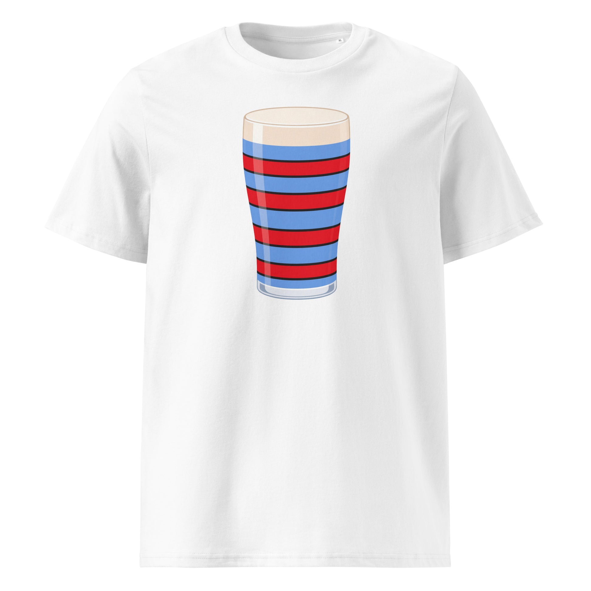 Front view of a white vintage Blackheath rugby Mega Pint t-shirt featuring a red and light blue striped pint glass graphic for Blackheath supporters in South East London, ideal for match days and England fans