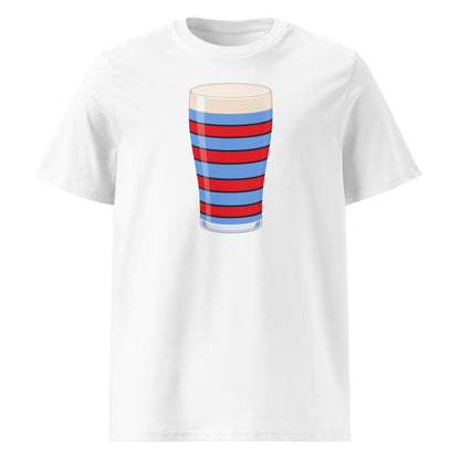 Front view of a white vintage Blackheath rugby Mega Pint t-shirt featuring a red and light blue striped pint glass graphic for Blackheath supporters in South East London, ideal for match days and England fans