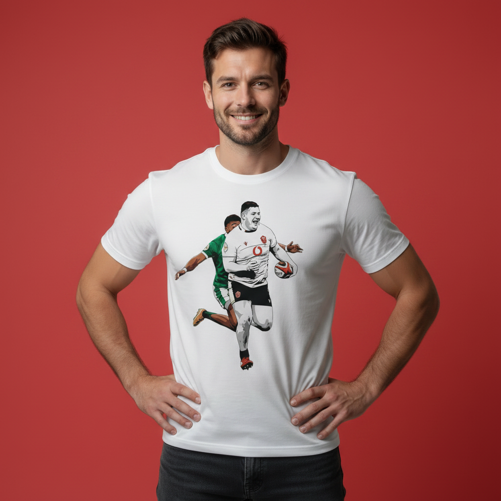 Man wearing a Welsh rugby t-shirt featuring Rhys Carré running. The model has his hand on his hips on a red background.