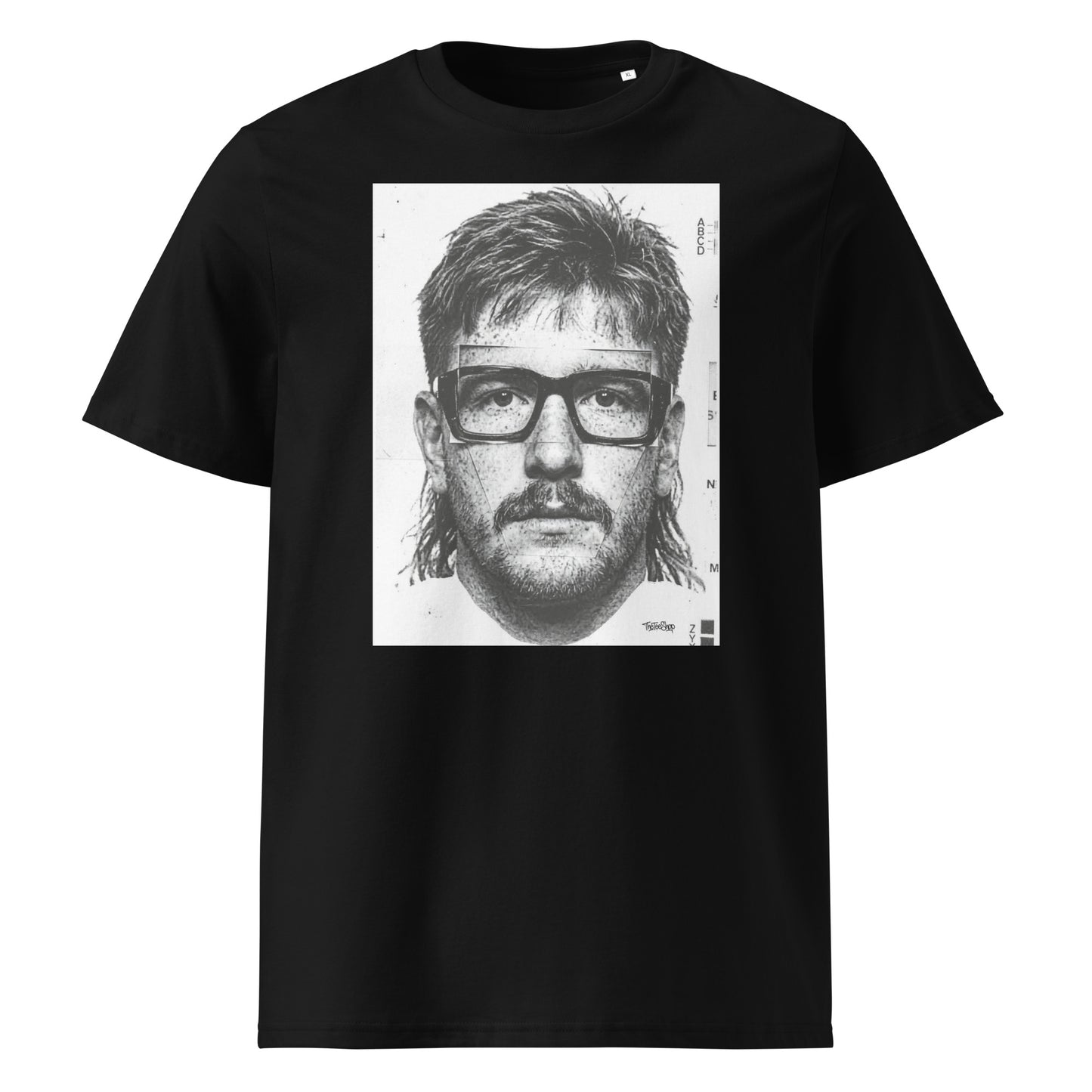 Black t-shirt front view featuring an illustrated portrait inspired by a modern rugby lock wearing black glasses with a “what you looking at?” expression