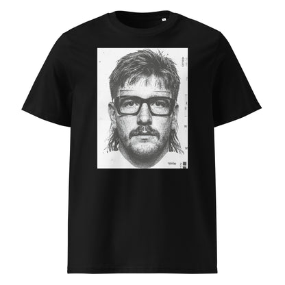 Black t-shirt front view featuring an illustrated portrait inspired by a modern rugby lock wearing black glasses with a “what you looking at?” expression