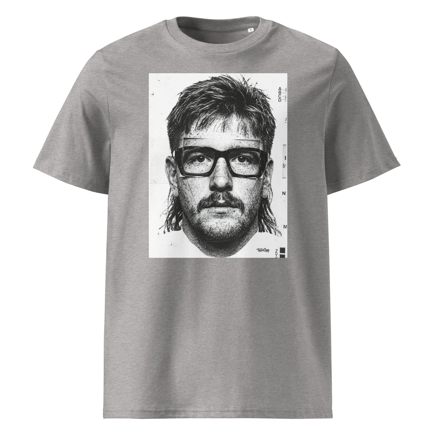 Grey t-shirt front view featuring an illustrated portrait inspired by a modern rugby lock wearing black glasses with a “what you looking at?” expression