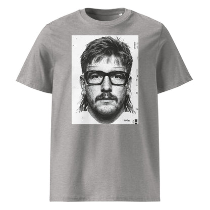 Grey t-shirt front view featuring an illustrated portrait inspired by a modern rugby lock wearing black glasses with a “what you looking at?” expression