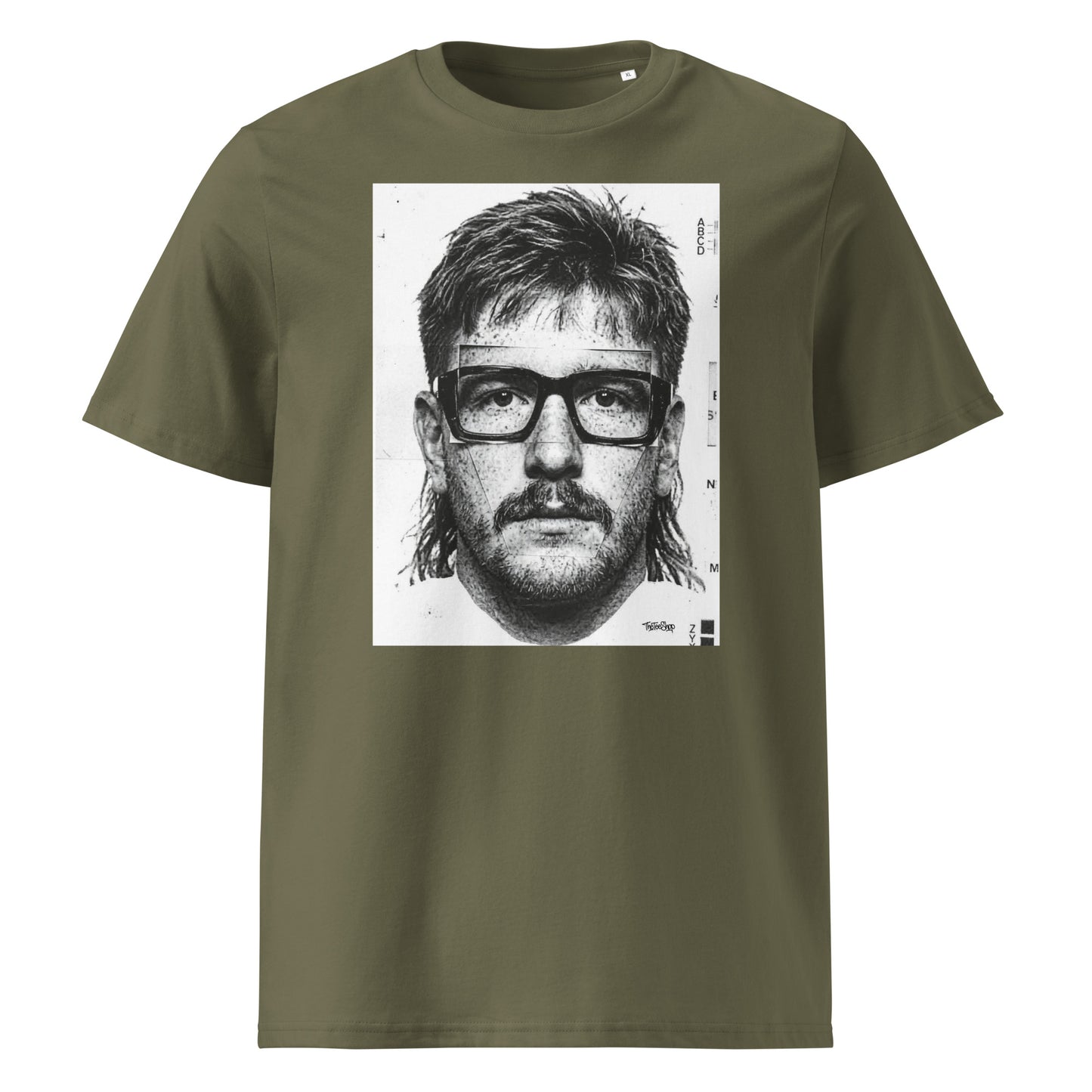 Khaki t-shirt front view featuring an illustrated portrait inspired by a modern rugby lock wearing black glasses with a “what you looking at?” expression