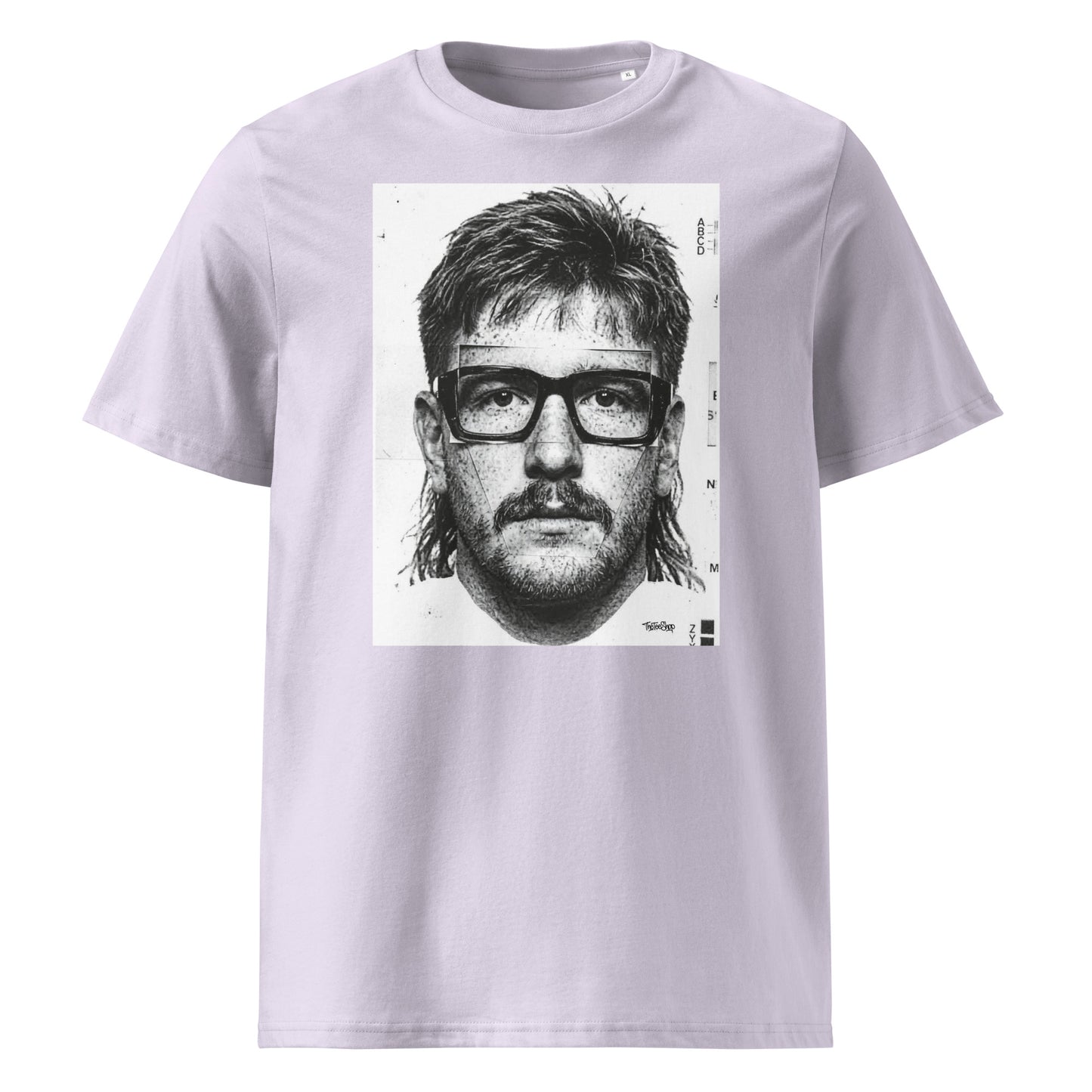 Lavender t-shirt front view featuring an illustrated portrait inspired by a modern rugby lock wearing black glasses with a “what you looking at?” expression