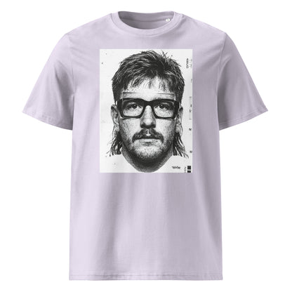 Lavender t-shirt front view featuring an illustrated portrait inspired by a modern rugby lock wearing black glasses with a “what you looking at?” expression