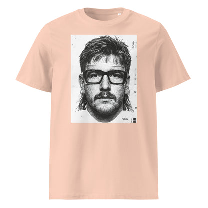 Peche shirt front view featuring an illustrated portrait inspired by a modern rugby lock wearing black glasses with a “what you looking at?” expression