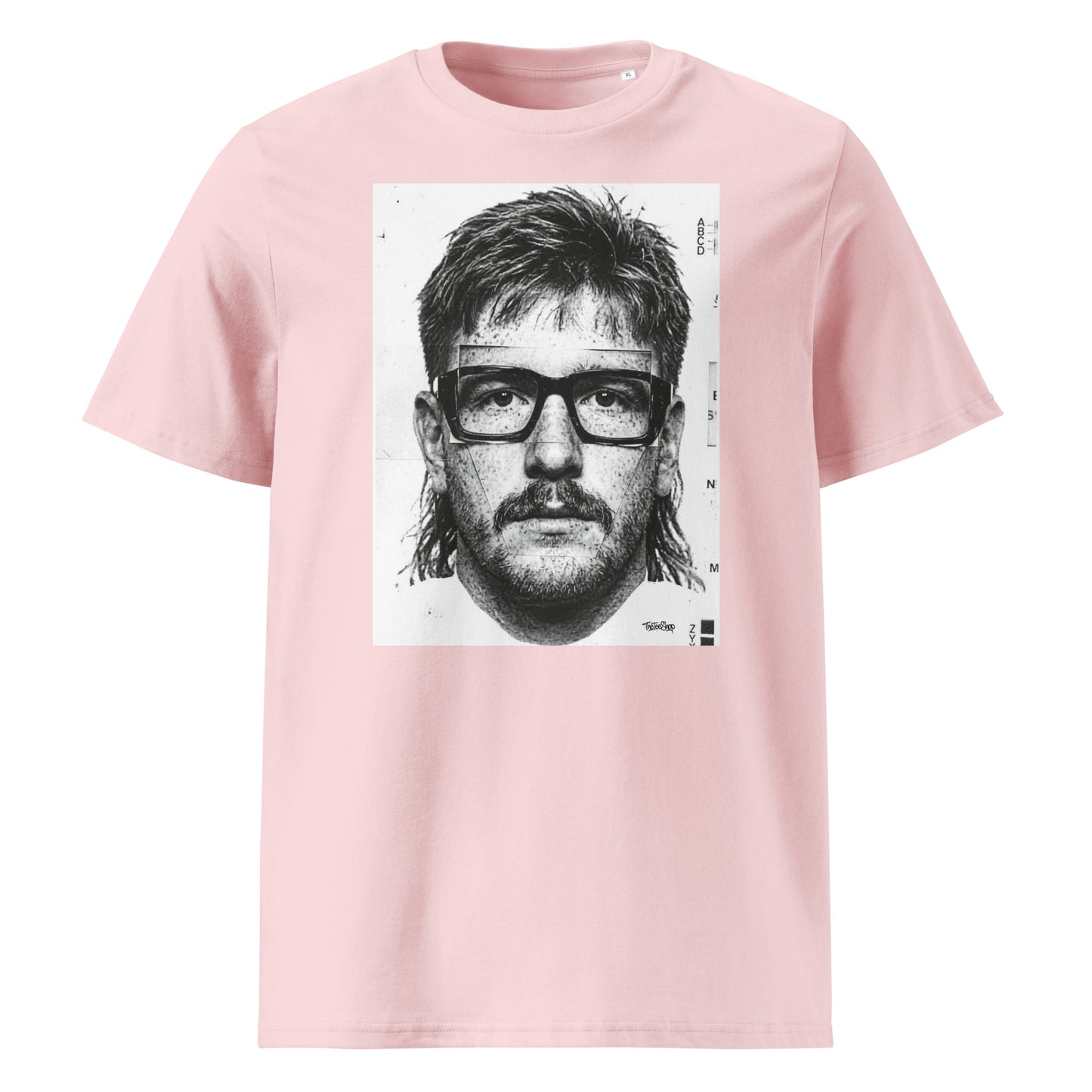 Pink t-shirt front view featuring an illustrated portrait inspired by a modern rugby lock wearing black glasses with a “what you looking at?” expression