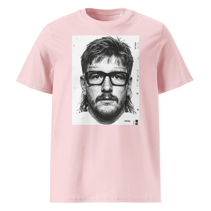 Pink t-shirt front view featuring an illustrated portrait inspired by a modern rugby lock wearing black glasses with a “what you looking at?” expression
