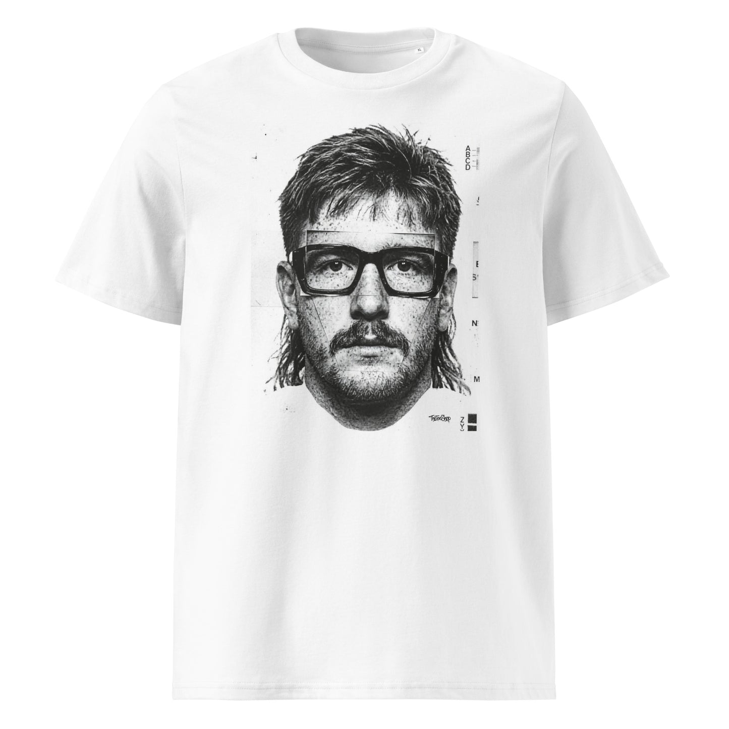 White t-shirt front view featuring an illustrated portrait inspired by a modern rugby lock wearing black glasses with a “what you looking at?” expression