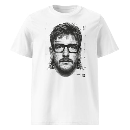 White t-shirt front view featuring an illustrated portrait inspired by a modern rugby lock wearing black glasses with a “what you looking at?” expression