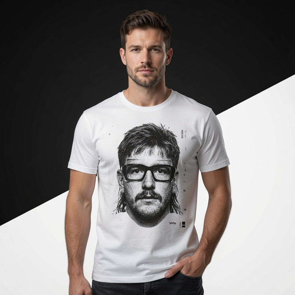 Male model wearing the rugby lock portrait t-shirt shown from the front with the illustrated glasses graphic clearly visible