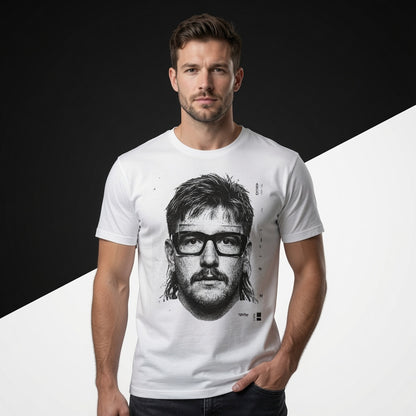 Male model wearing the rugby lock portrait t-shirt shown from the front with the illustrated glasses graphic clearly visible
