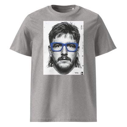 Grey t-shirt front view featuring an illustrated portrait inspired by a modern rugby lock wearing bold blue glasses with a “what you looking at?” expression