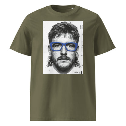 Khaki t-shirt front view featuring an illustrated portrait inspired by a modern rugby lock wearing bold blue glasses with a “what you looking at?” expression
