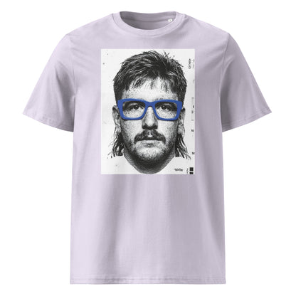 Lavender t-shirt front view featuring an illustrated portrait inspired by a modern rugby lock wearing bold blue glasses with a “what you looking at?” expression