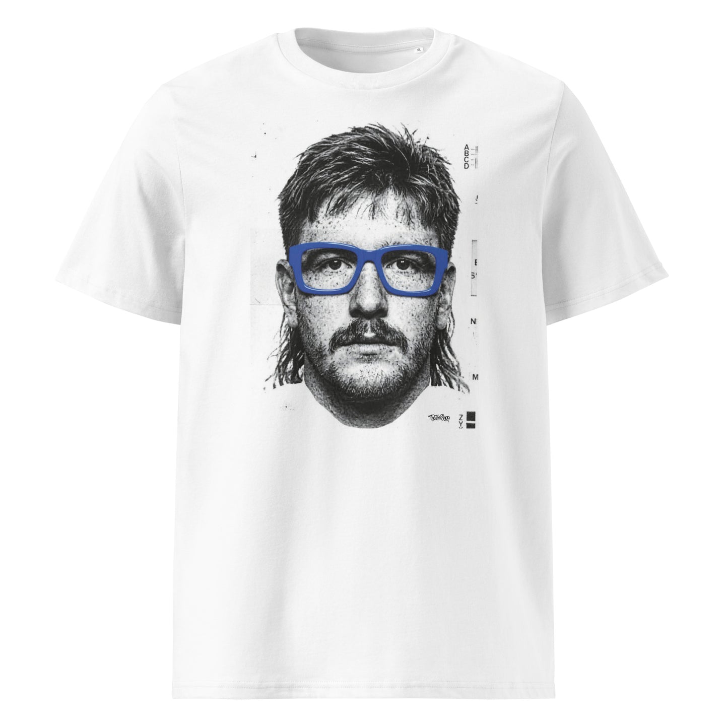 White t-shirt front view featuring an illustrated portrait inspired by a modern rugby lock wearing bold blue glasses with a “what you looking at?” expression