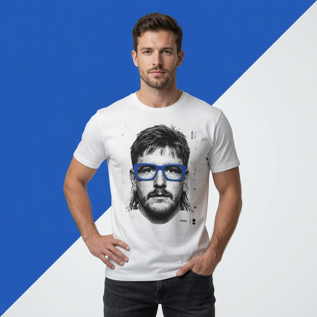 Close-up of male model wearing the t-shirt highlighting the illustrated rugby lock face and glasses detail