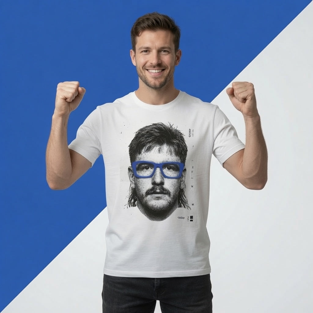 Male model wearing the rugby lock portrait t-shirt shown from the front with the illustrated glasses graphic clearly visible