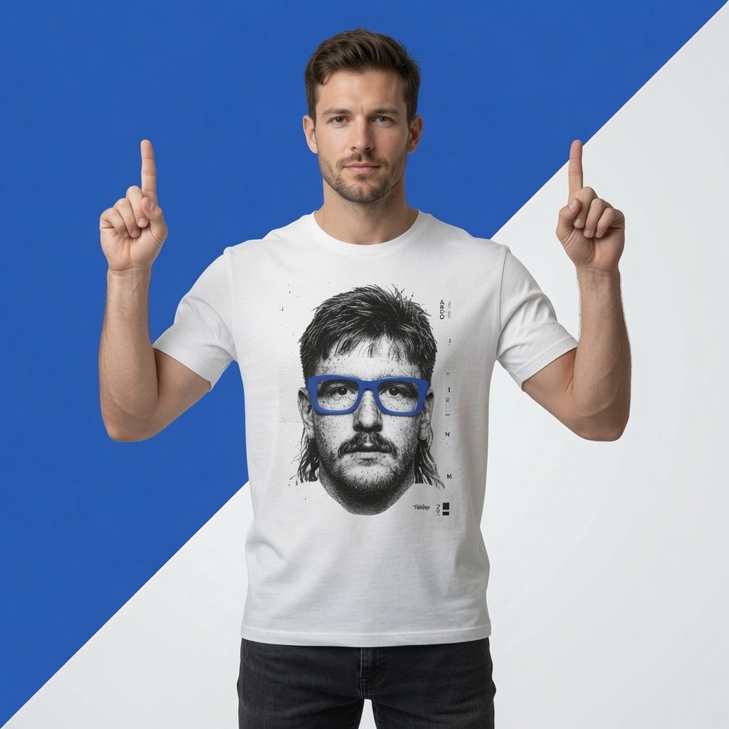 Male model wearing the rugby portrait t-shirt in a casual lifestyle setting, showing how the graphic looks when worn