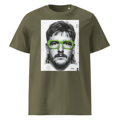 Khaki green t-shirt front view featuring an illustrated portrait inspired by a modern rugby lock wearing bold green glasses with a “what you looking at?” expression