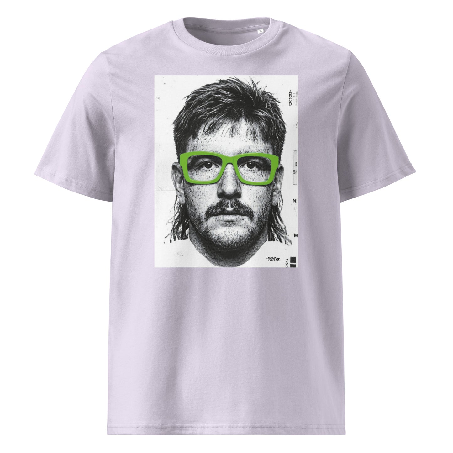Lavender t-shirt front view featuring an illustrated portrait inspired by a modern rugby lock wearing bold green glasses with a “what you looking at?” expression