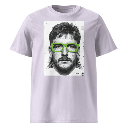 Lavender t-shirt front view featuring an illustrated portrait inspired by a modern rugby lock wearing bold green glasses with a “what you looking at?” expression