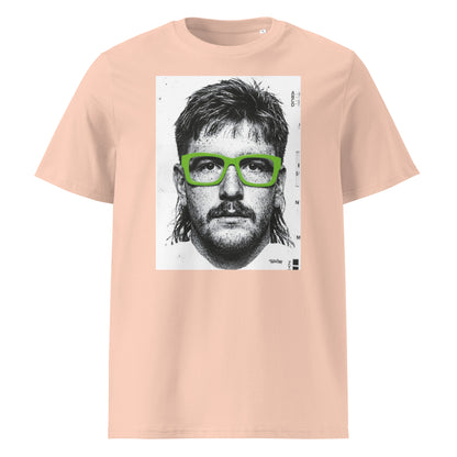 Peche t-shirt front view featuring an illustrated portrait inspired by a modern rugby lock wearing bold green glasses with a “what you looking at?” expression