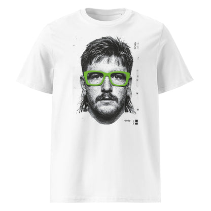 White t-shirt front view featuring an illustrated portrait inspired by a modern rugby lock wearing bold green glasses with a “what you looking at?” expression