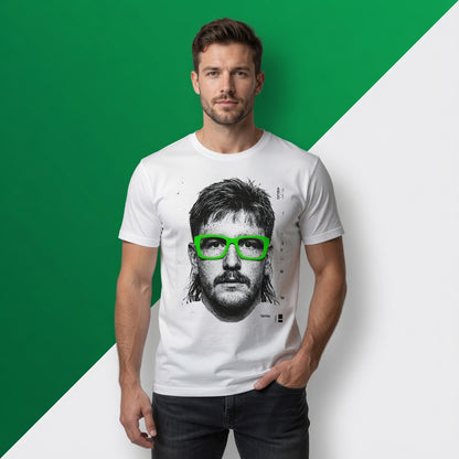 Close-up of male model wearing the t-shirt highlighting the illustrated rugby lock face and glasses detail