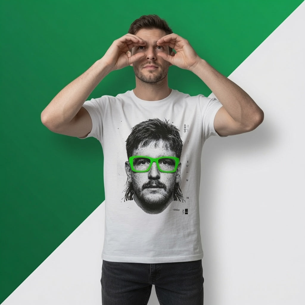 Male model wearing the rugby lock portrait t-shirt shown from the front with the illustrated glasses graphic clearly visible