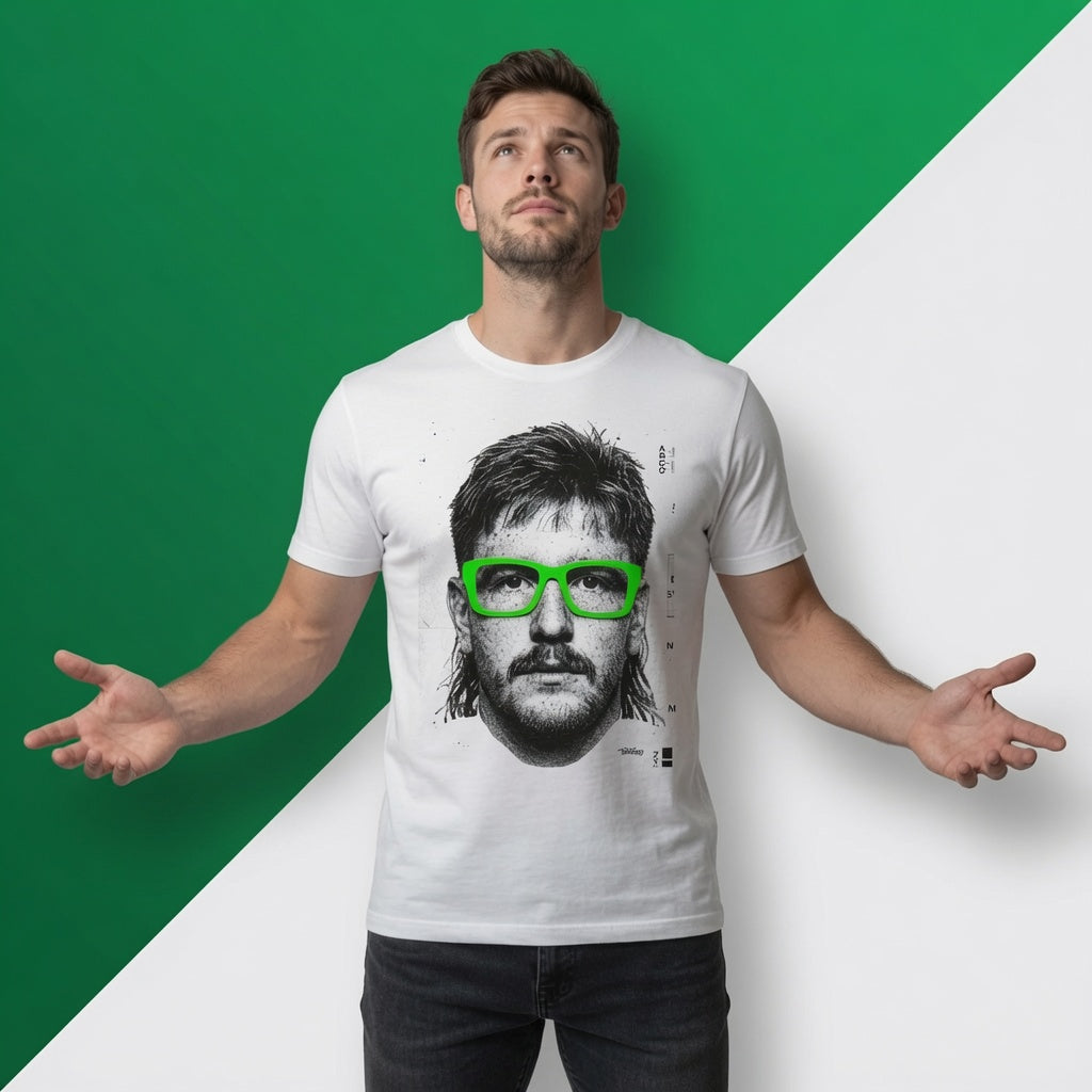 Male model wearing the rugby portrait t-shirt in a casual lifestyle setting, showing how the graphic looks when worn