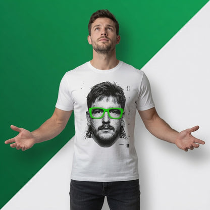 Male model wearing the rugby portrait t-shirt in a casual lifestyle setting, showing how the graphic looks when worn