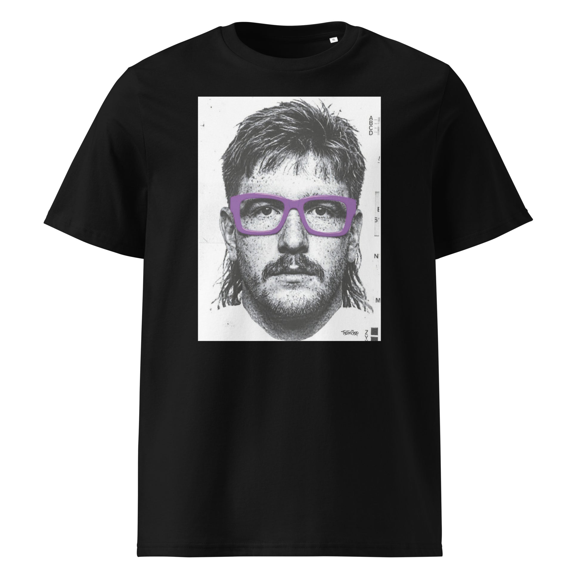 Black rugby t-shirt front view featuring an illustrated portrait inspired by a modern rugby lock wearing bold purple glasses with a “what you looking at?” expression