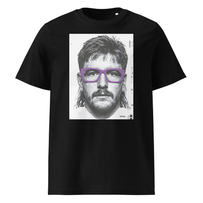 Black rugby t-shirt front view featuring an illustrated portrait inspired by a modern rugby lock wearing bold purple glasses with a “what you looking at?” expression