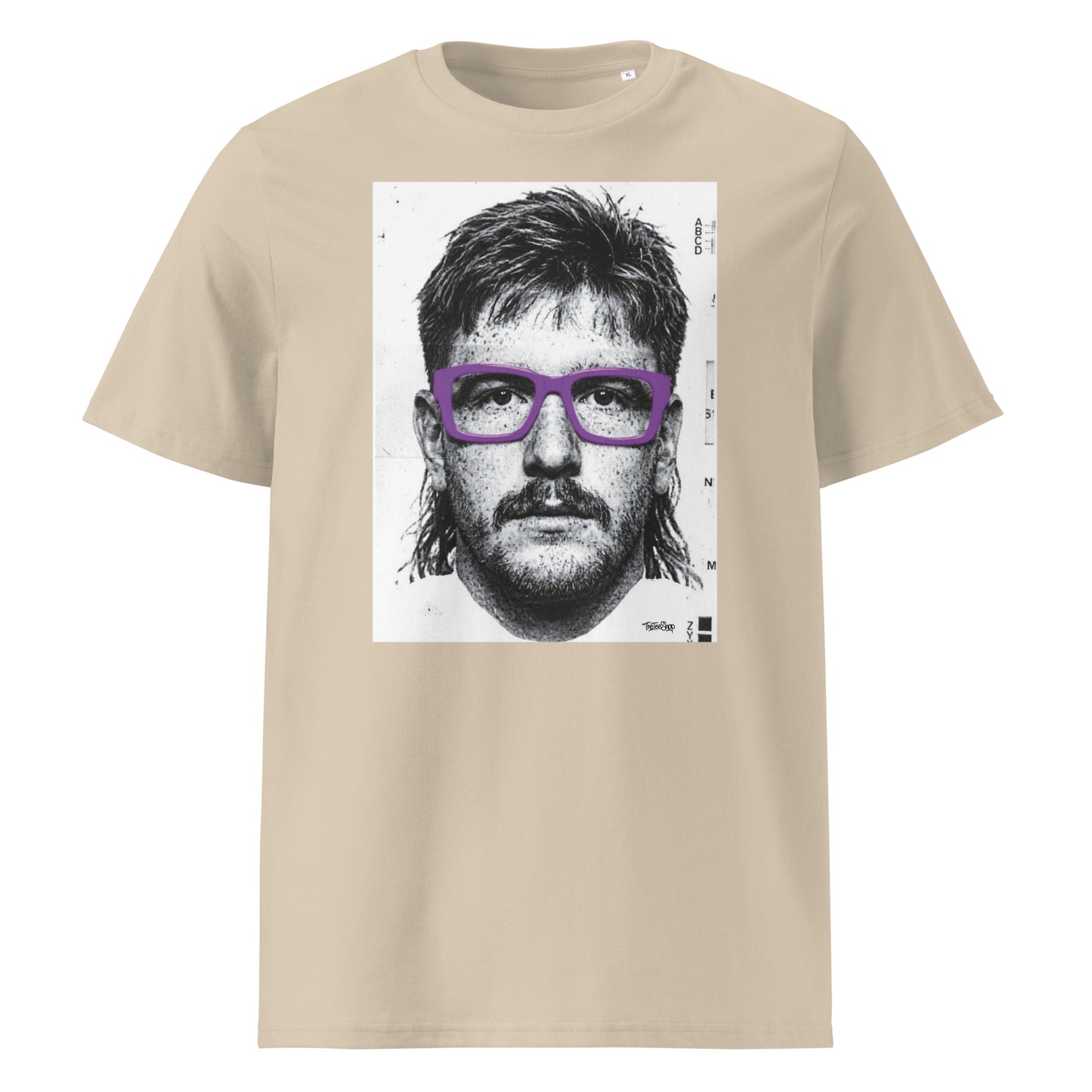 Desert dust rugby t-shirt front view featuring an illustrated portrait inspired by a modern rugby lock wearing bold purple glasses with a “what you looking at?” expression