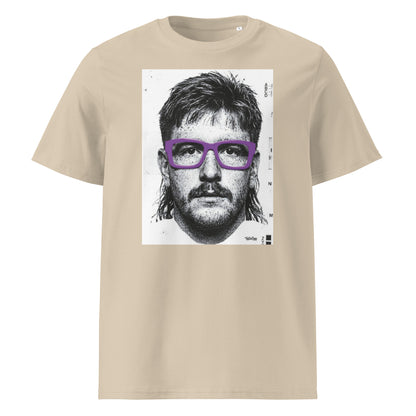 Desert dust rugby t-shirt front view featuring an illustrated portrait inspired by a modern rugby lock wearing bold purple glasses with a “what you looking at?” expression